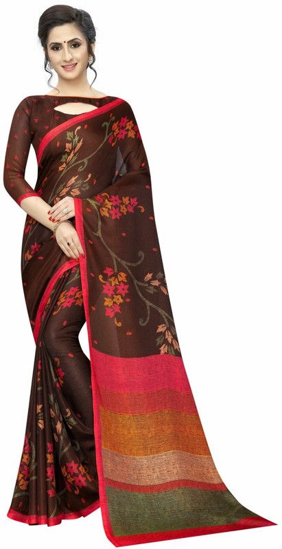 Floral Print Bollywood Cotton Blend Saree  (Brown)