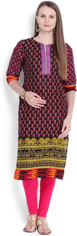Women Printed Cotton Blend Straight Kurta  (Black, Pink)
