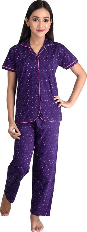 Girls Floral Print Pure Cotton Kids Nightwear  (Purple Pack of 1)