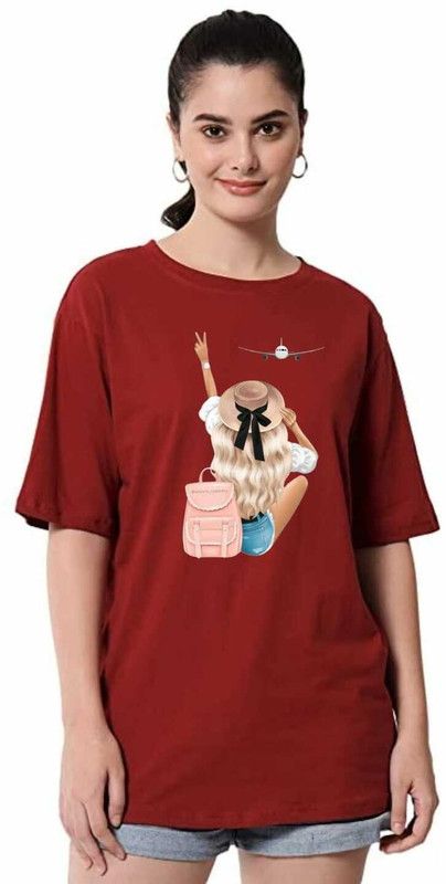 Women Printed Round Neck Poly Cotton Maroon T-Shirt