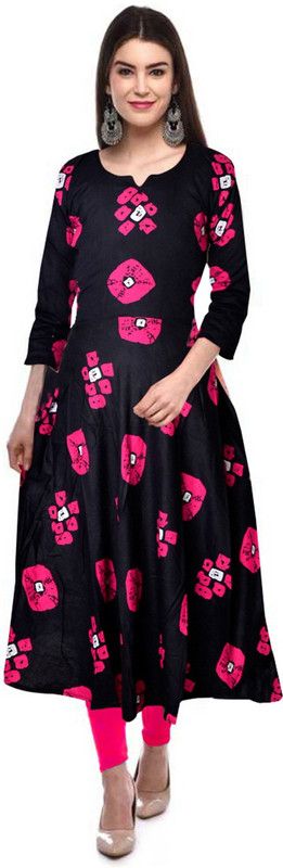 Women Printed Viscose Rayon A-line Kurta  (Black, Pink)