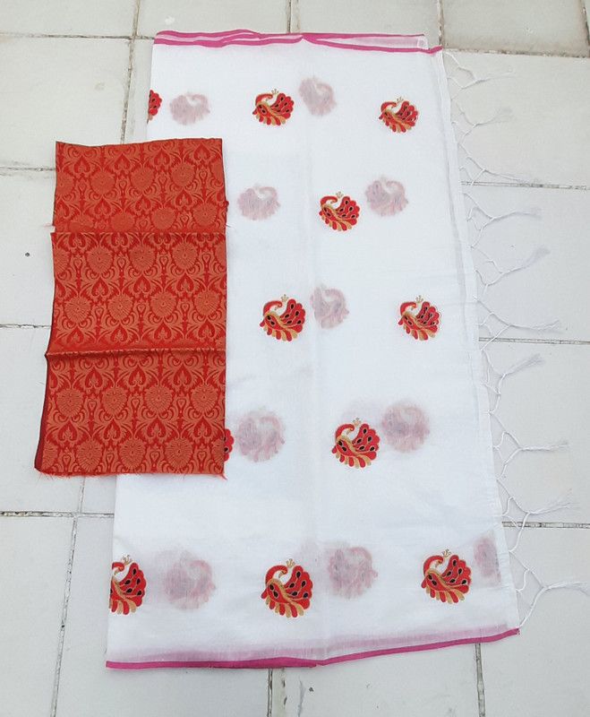 Embroidered, Animal Print Chanderi Chanderi Saree  (White)