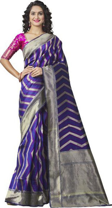 Striped Banarasi Jacquard Saree  (Blue)
