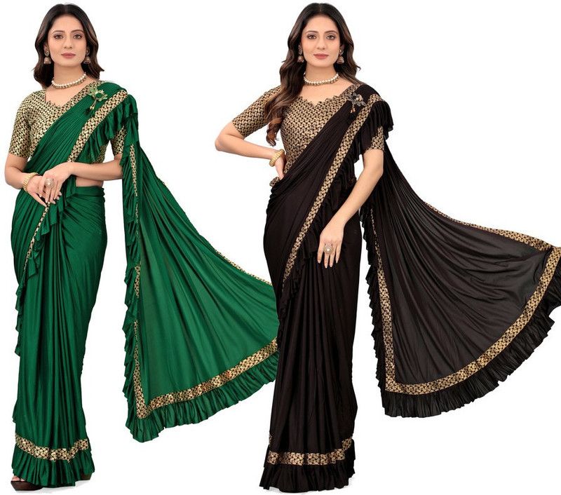 Solid/Plain Bollywood Lycra Blend Saree  (Pack of 2, Multicolor)