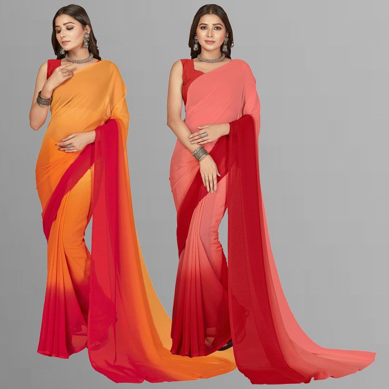 Ombre, Striped, Dyed, Solid/Plain Bollywood Georgette Saree  (Pack of 2, Red, Pink, Orange)