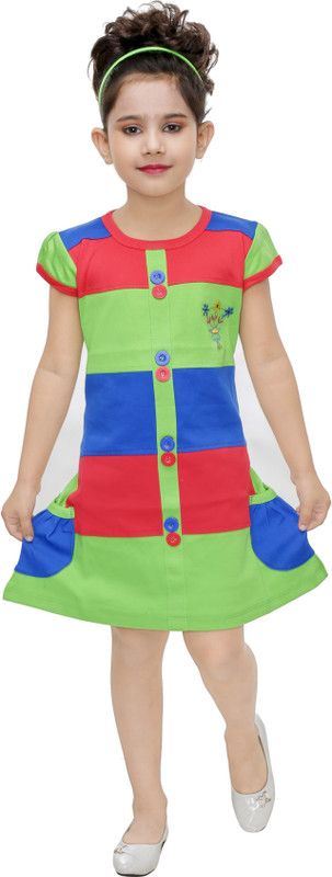 Girls Above Knee Casual Dress  (Green, Short Sleeve)