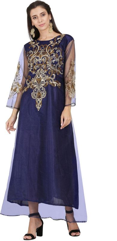 Embroidered Net Semi Stitched Flared/A-line Gown  (Dark Blue)