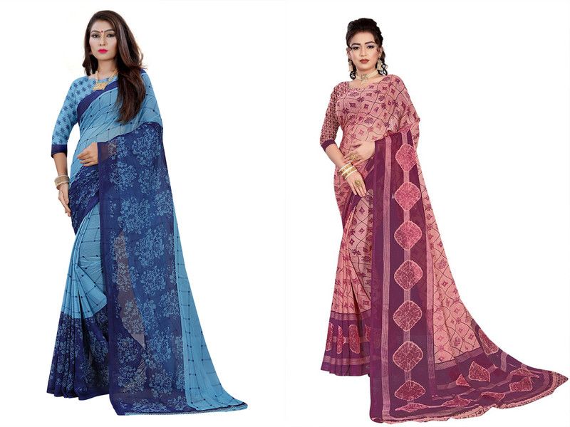 Daily Wear Georgette Saree  (Pack of 2, Light Blue, Brown)