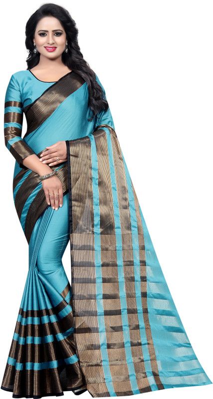 Self Design, Striped Bollywood Cotton Blend Saree  (Light Blue)