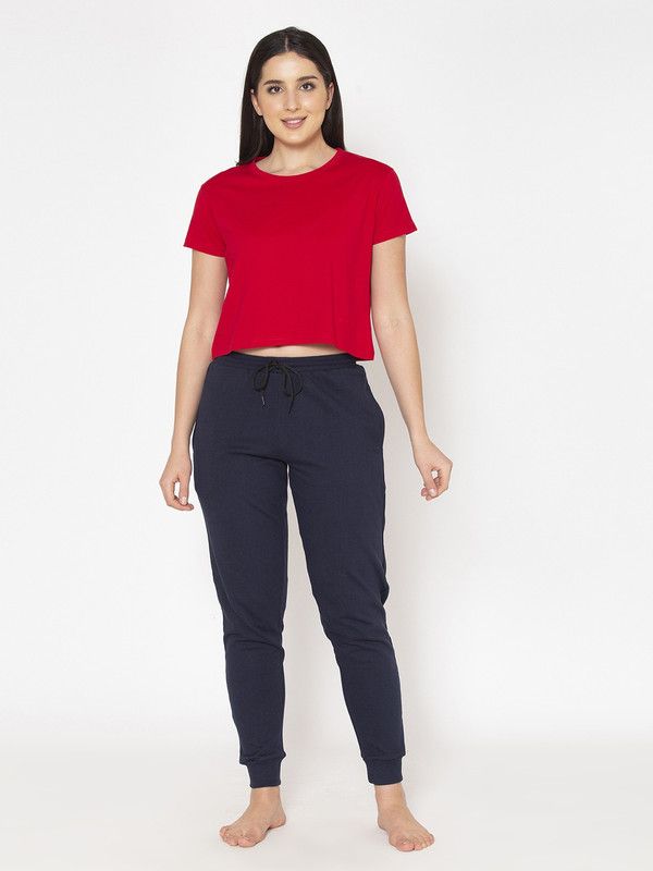 Women Top & Pyjama Set Red, Blue Solid