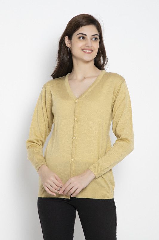 Women Self Design V Neck Gold Sweater