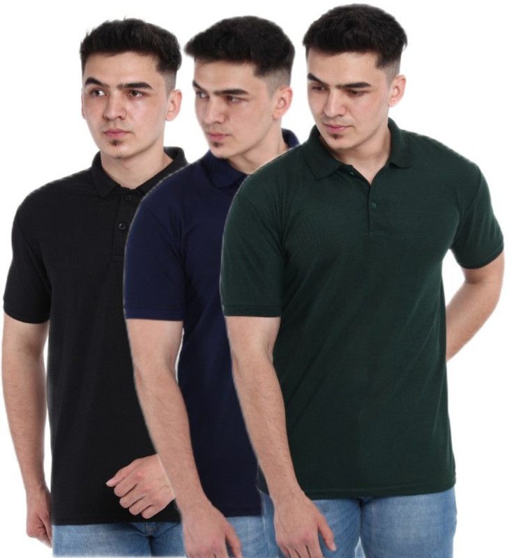 Solid Men Black, Dark Blue, Dark Green T-Shirt  (Pack of 3)