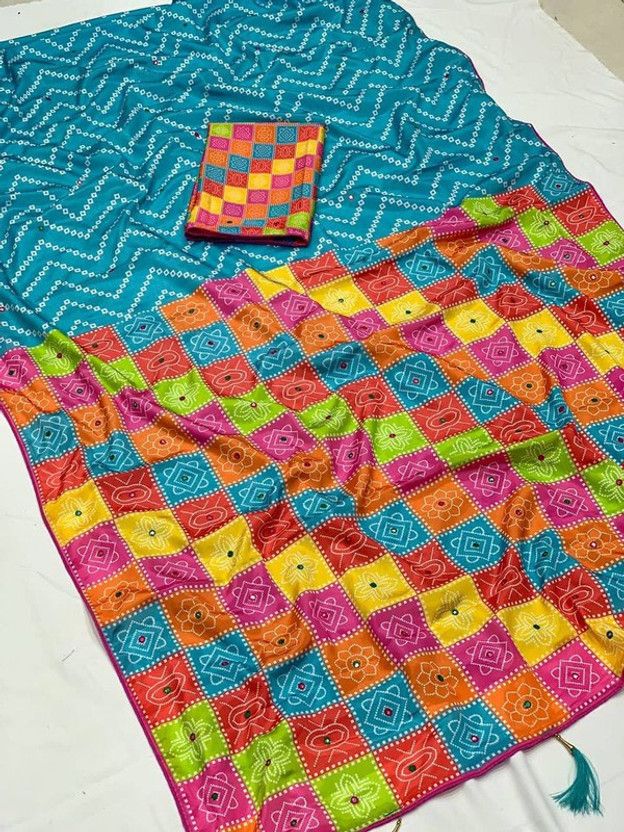 Printed Bandhani Pure Silk Saree  (Light Blue)