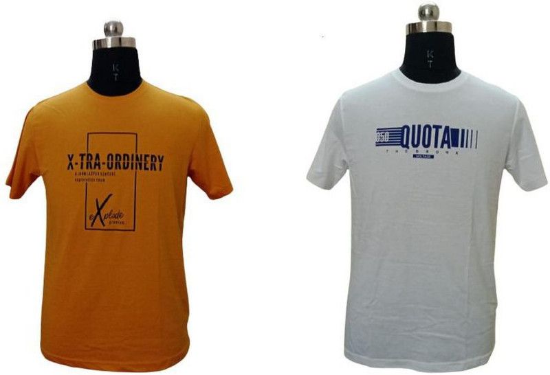 Pack of 2 Men Self Design Round Neck Cotton Blend White, Yellow T-Shirt