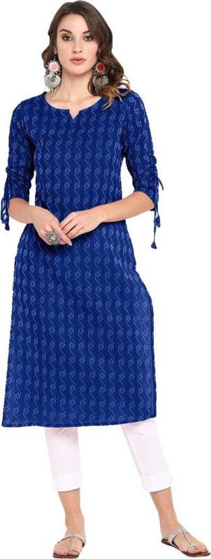 Women Woven Design Pure Cotton Straight Kurta  (Blue)