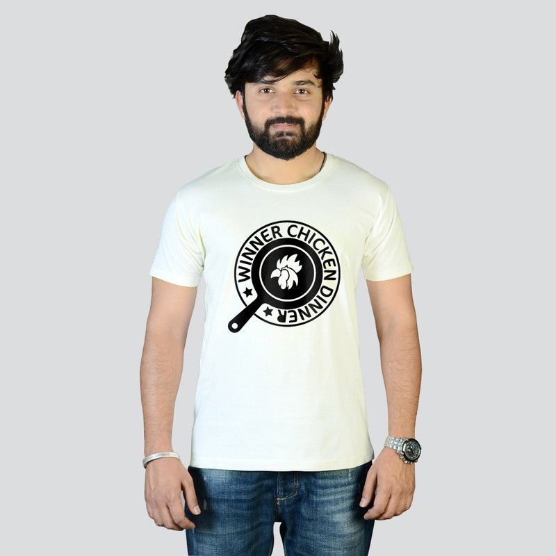 Pubg Winner Chicken Dinner Pan Men Printed Round Neck Pure Cotton Beige T-Shirt