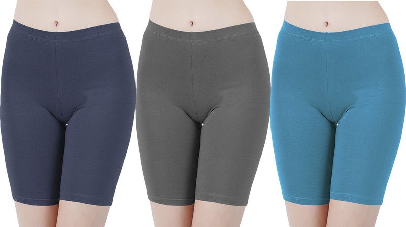 Pack of 3 Solid Women Blue, Grey, Blue Cycling Shorts