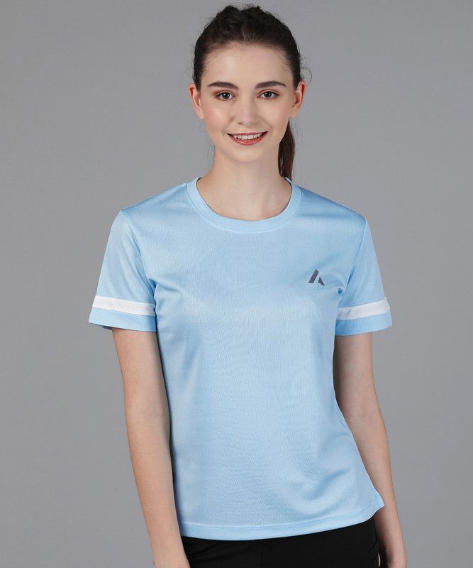 Women Colorblock Round Neck Polyester Light Blue T-Shirt