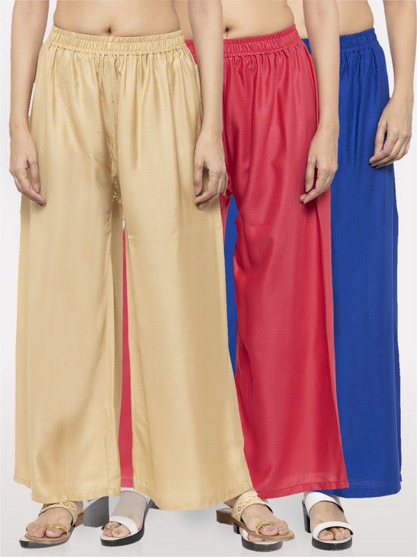 Pack of 3 Women Flared Beige, Pink, Blue Viscose Rayon Trousers