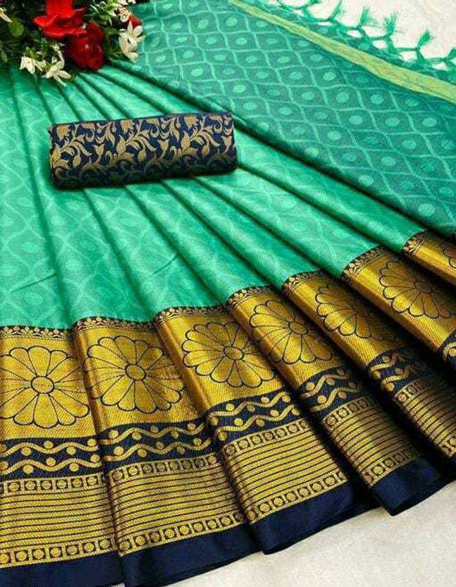 Woven Bollywood Jacquard, Cotton Silk Saree  (Light Green)