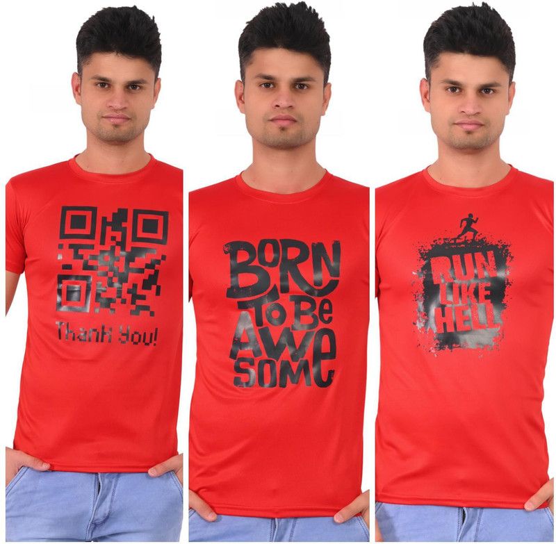 Pack of 3 Men Printed Round Neck Cotton Blend Red, Black T-Shirt