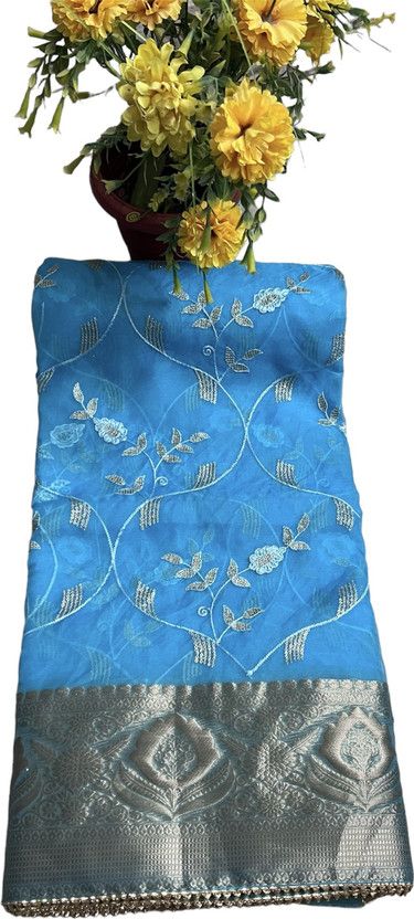 Self Design, Embroidered, Woven Bollywood Silk Blend, Organza Saree  (Light Blue)