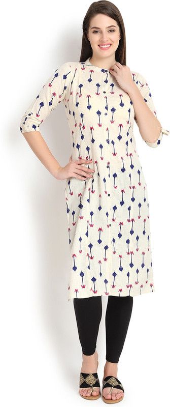 Women Abstract Cotton Blend Straight Kurta  (Beige)