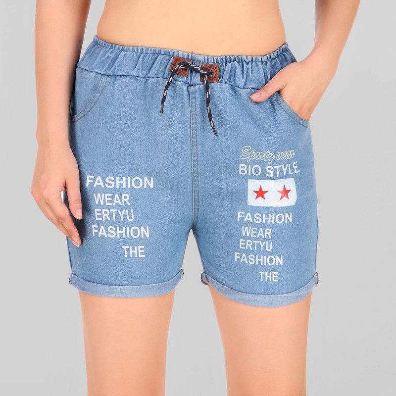 Printed Women Denim Blue Denim Shorts