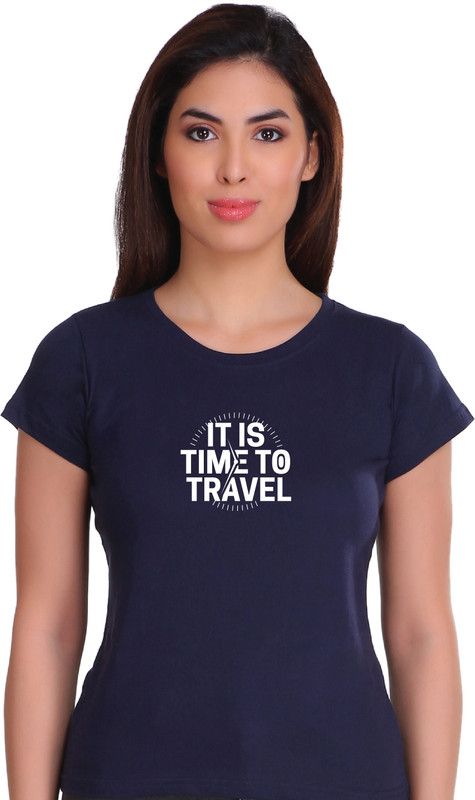 Women Printed, Typography Round Neck Cotton Blend Dark Blue T-Shirt
