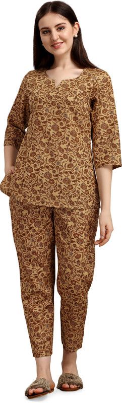 Women Floral Print Brown Night Suit Set