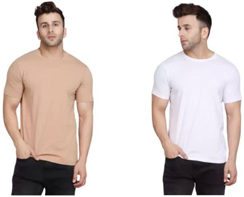Pack of 2 Men Solid Round Neck Cotton Blend White, Beige T-Shirt