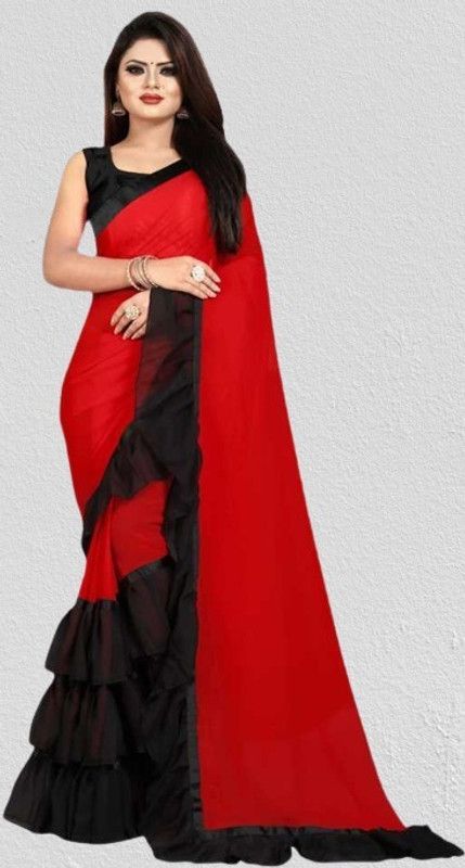Fashion Georgette Saree  (Red, Black)