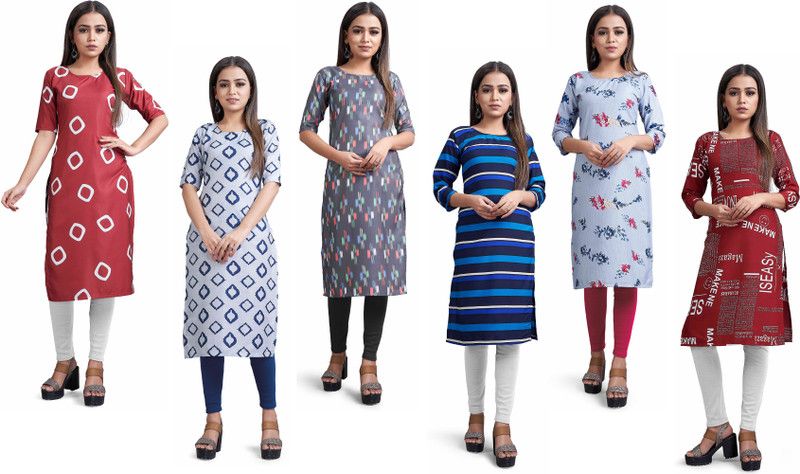 Pack of 6 Women Printed, Floral Print Crepe Straight Kurta  (Multicolor)