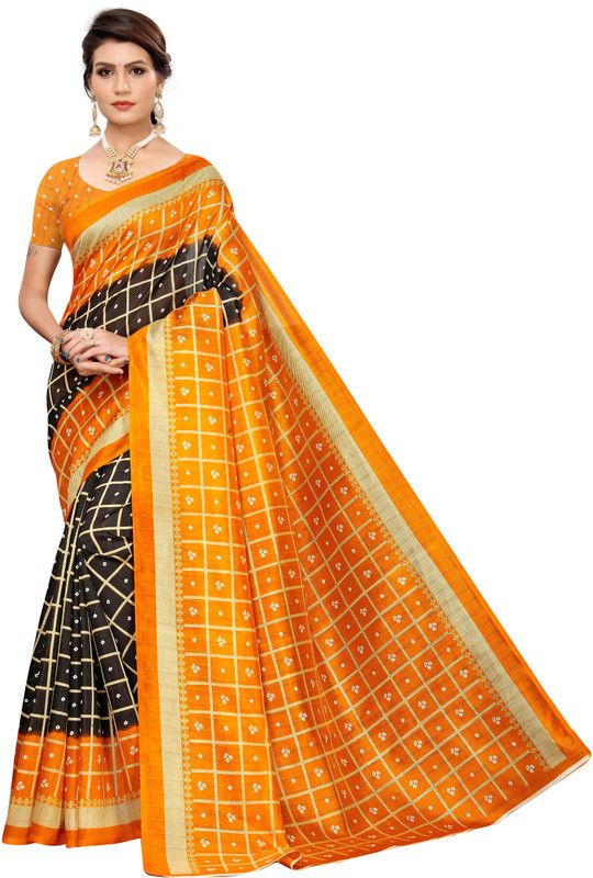 Checkered Bandhani Chanderi Saree  (Black, Yellow)