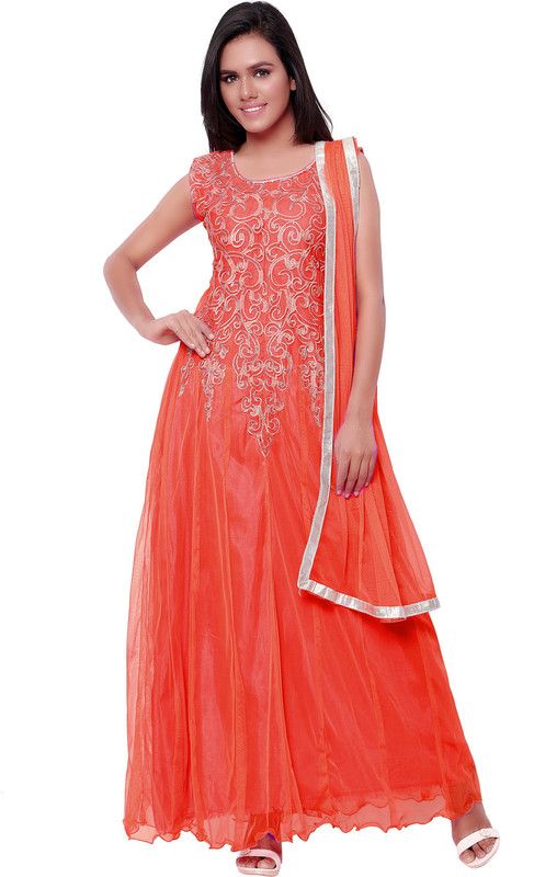 Embroidered Cotton Blend Semi Stitched Flared/A-line Gown  (Orange)