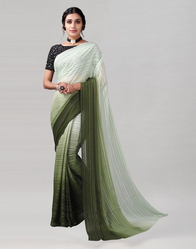 Striped, Embellished, Dyed, Solid/Plain Bollywood Georgette Saree  (Green, White)