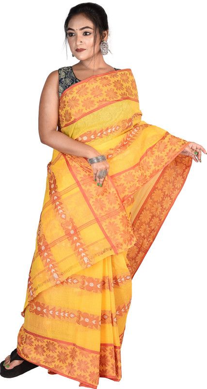 Handloom Pure Cotton Saree  (Yellow)