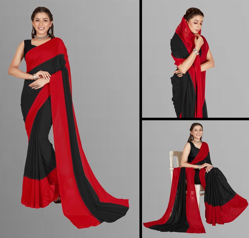 Striped Daily Wear Georgette Saree  (Red, Black)