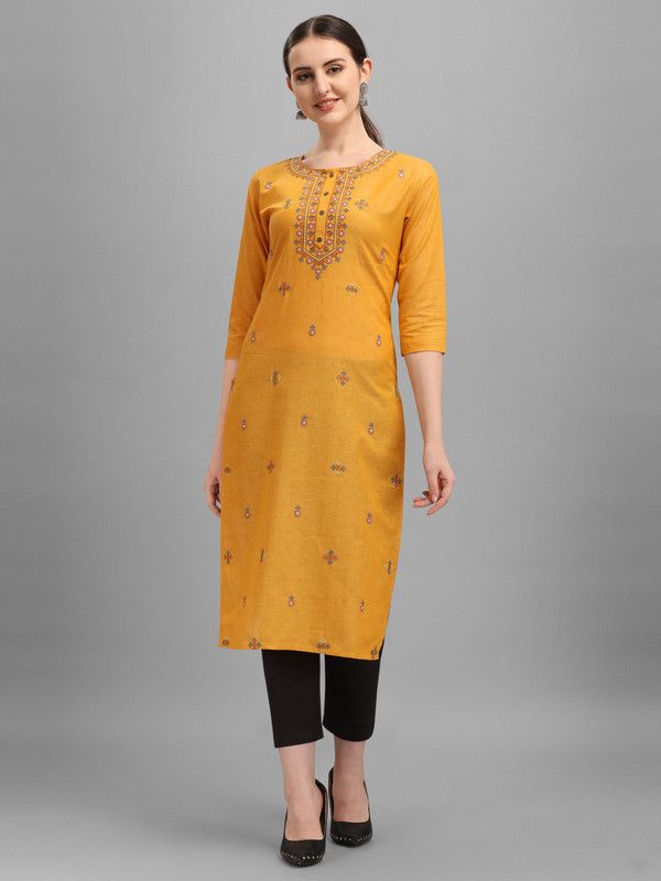 Women Embroidered Pure Cotton Straight Kurta  (Yellow)