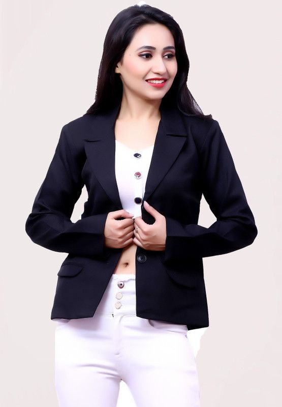 Women Self Design Single Breasted Casual Blazer  (Dark Blue)