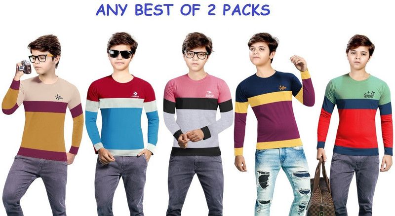 Boys Self Design Cotton Blend T Shirt  (Multicolor, Pack of 2)