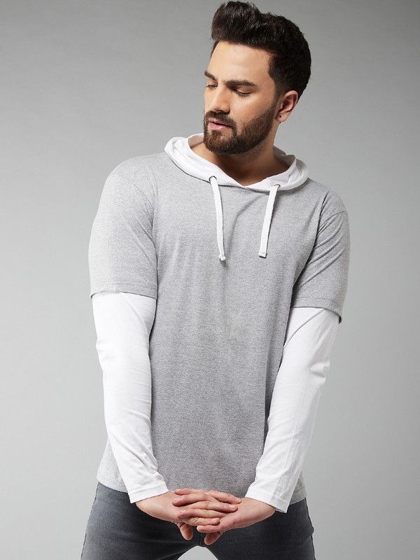 Men Solid Hooded Neck Cotton Blend Grey T-Shirt