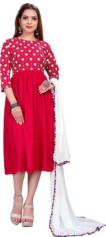 Women Embroidered Viscose Rayon Flared Kurta With Attached Dupatta  (Pink)