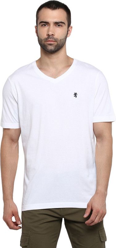 Men Solid V Neck Pure Cotton White T-Shirt