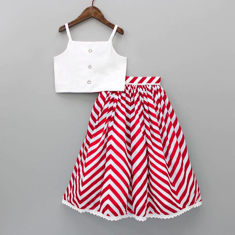 Girls Lehenga Choli Ethnic Wear Striped Lehenga & Crop Top  (Red, Pack of 1)