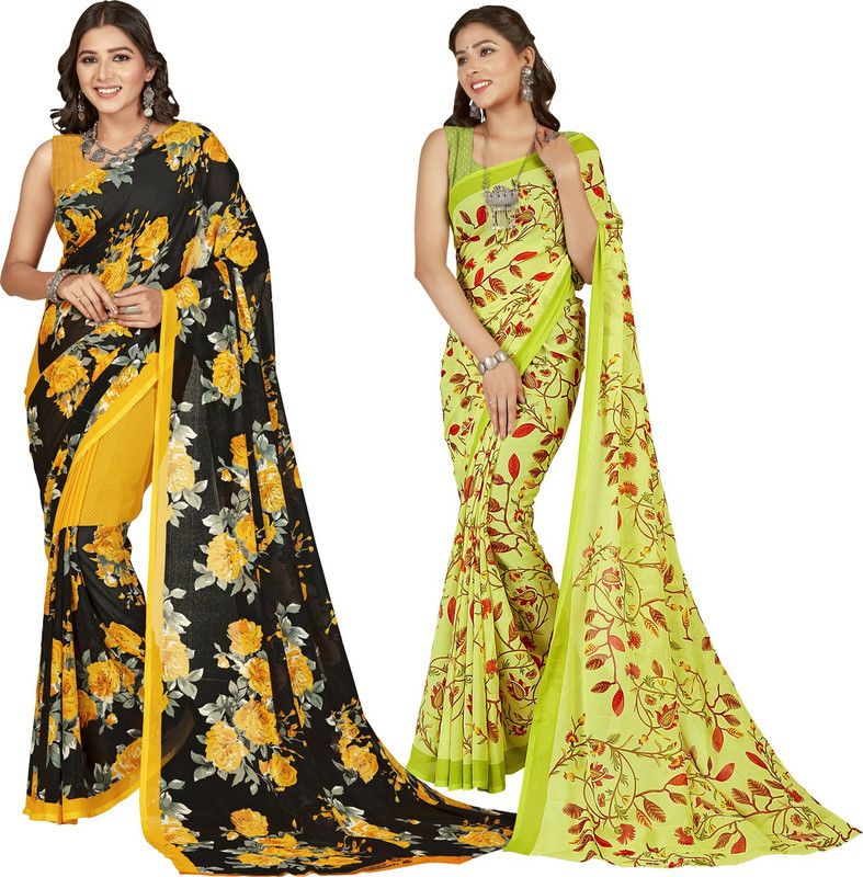 Printed Daily Wear Georgette Saree  (Pack of 2, Black, Light Green)