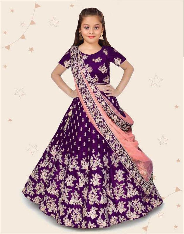 Girls Lehenga Choli Ethnic Wear Embroidered Ghagra, Choli, Dupatta Set  (Purple, Pack of 1)