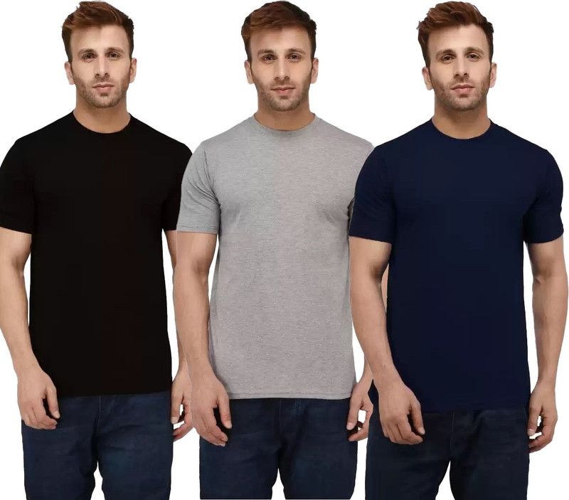 Pack of 3 Men Solid Round Neck Cotton Blend Black T-Shirt