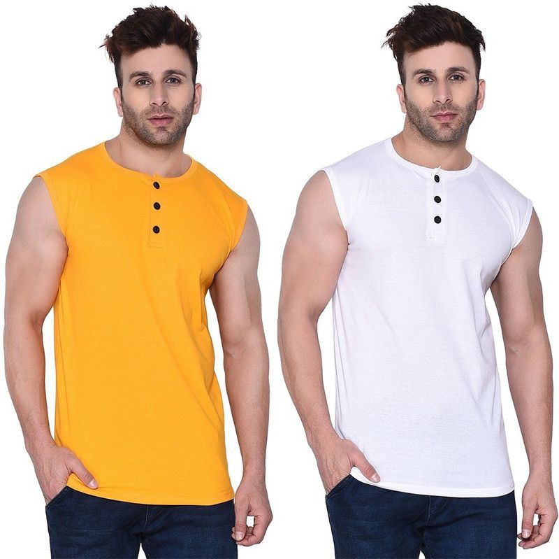 Pack of 2 Faizaan Men Solid Henley Neck Cotton Blend White, Yellow T-Shirt