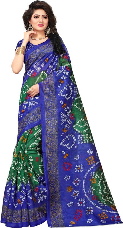 Printed Bandhani Silk Blend Saree  (Green, Blue)